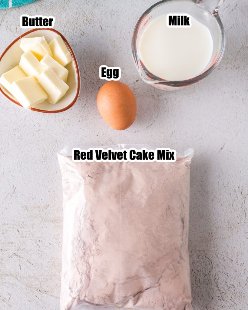 Bag of cake mix, butter, egg, and milk. 