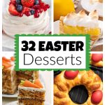 Pavolova, piece of lemon meringue pie, carrot cake, and Easter bread.