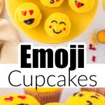 Plate of yellow emoji cupcakes.