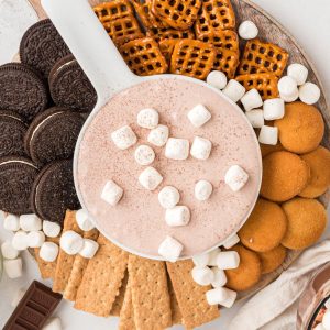 Bowl with chocolate dip surrounded by cookies and marshmallows.