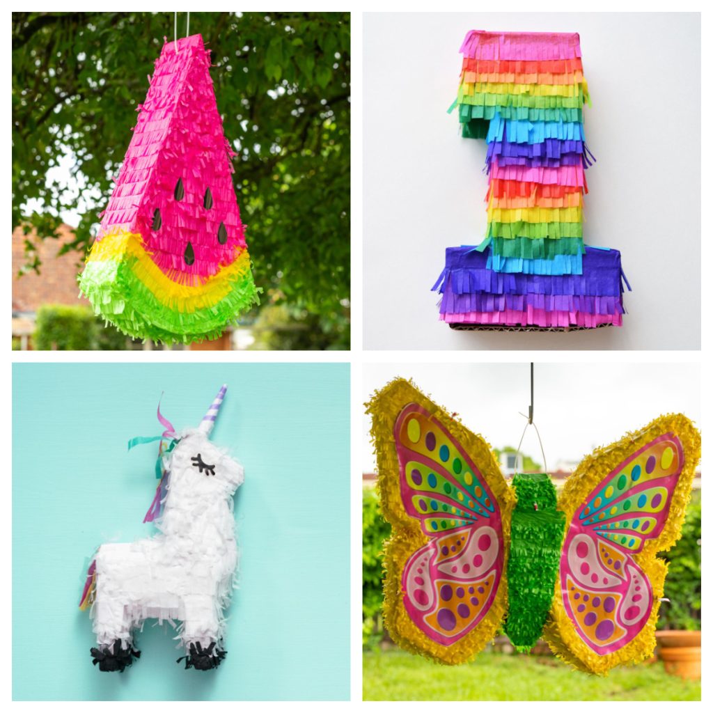 Watermelon, unicorn, butterfly, and number one pinata. 