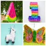 Watermelon, unicorn, butterfly, and number one pinata.