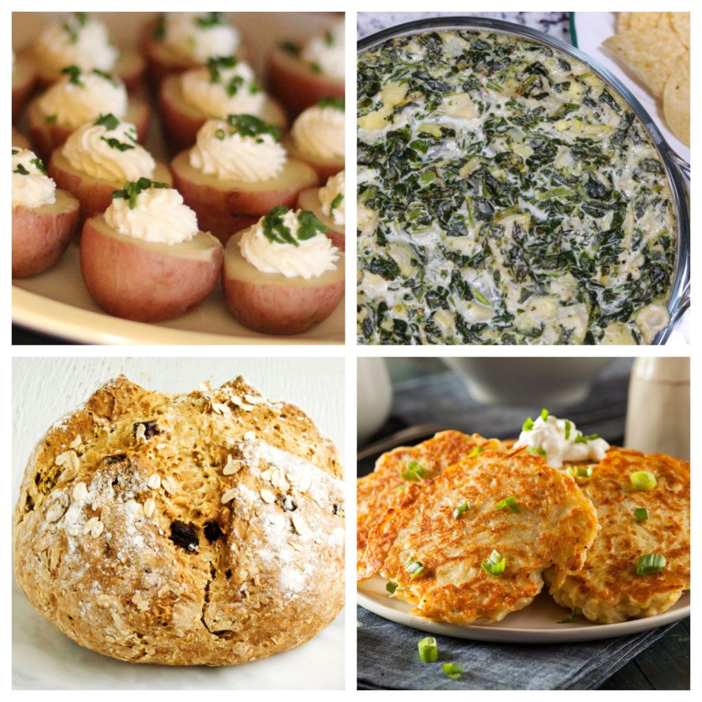 Potato bites, spinach dip, soda bread, and potato cakes. 