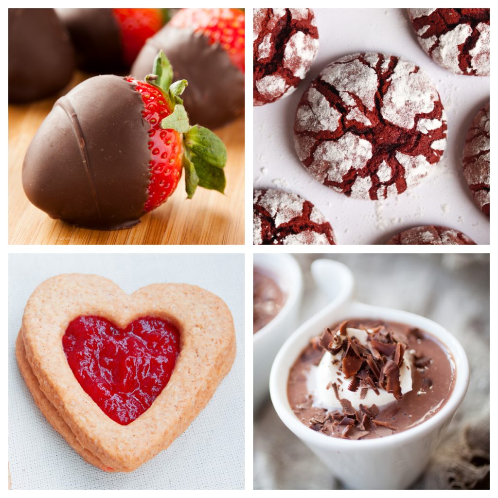 Chocolate covered strawberries, crinkle cookies, heart linzer cookie, and chocolate mousse.