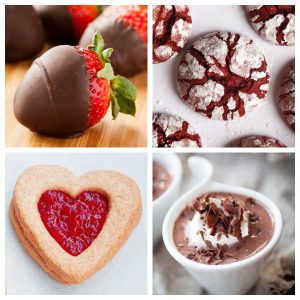 Chocolate covered strawberries, crinkle cookies, heart linzer cookie, and chocolate mousse.