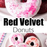 Plate of donuts with white frosting and pink sprinkles.