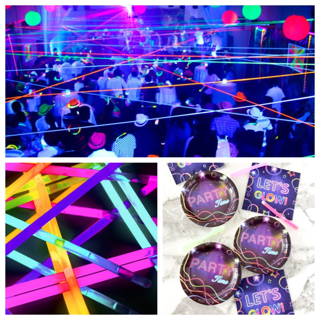 Glow in the dark party, glow sticks, and paper plates. 