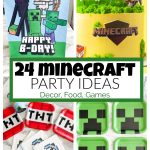 Minecraft party bags, Minecraft cake, and plates.