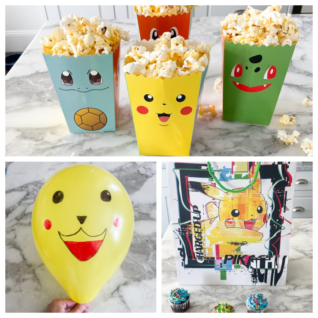 Pokemon balloon, gift bag, and popcorn holders. 