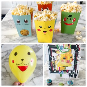 Pokemon balloon, gift bag, and popcorn holders.