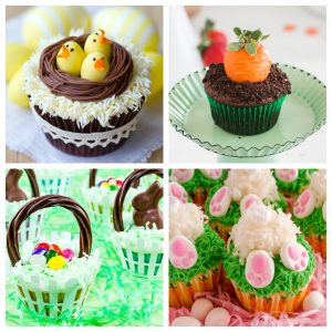 Chick, carrot, and bunny cupcakes.