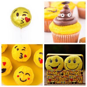 Emoji balloon, emoji cupcakes, and emoji toy.