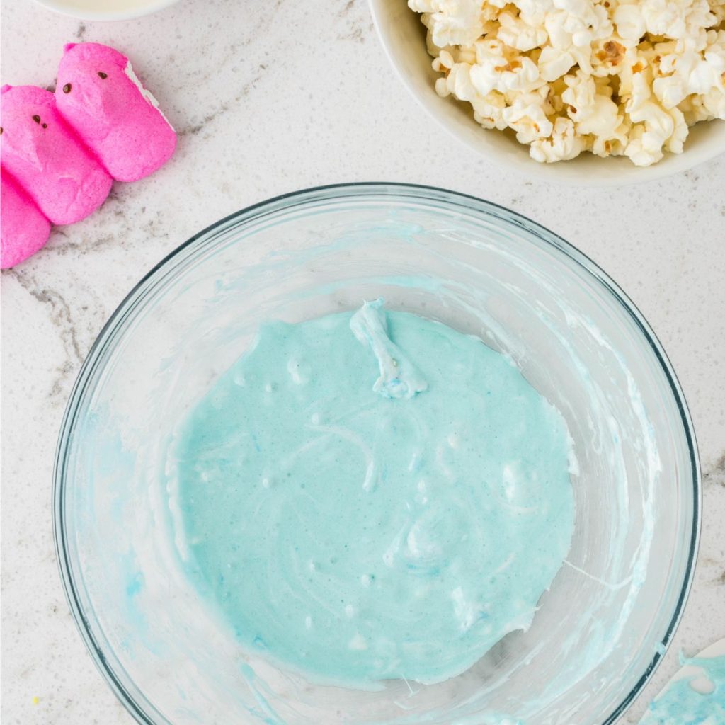 Bowl of melted blue marshmallows.