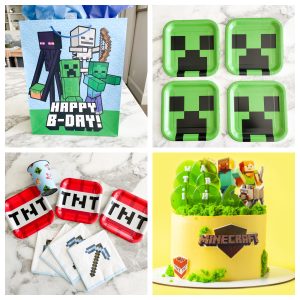 Minecraft party bag, paper plates, and Minecraft cake.