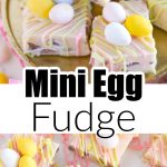 Plate of white fudge with mini chocolate eggs.