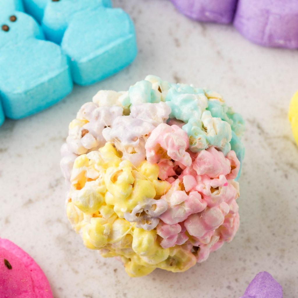 Colorful popcorn ball with marshmallow PEEPS. 