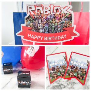 Roblox cake sign, toy box and Roblox banner.