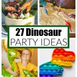 Dinosaur cakes, boy with dinosaur balloons, and dinosaur toy.