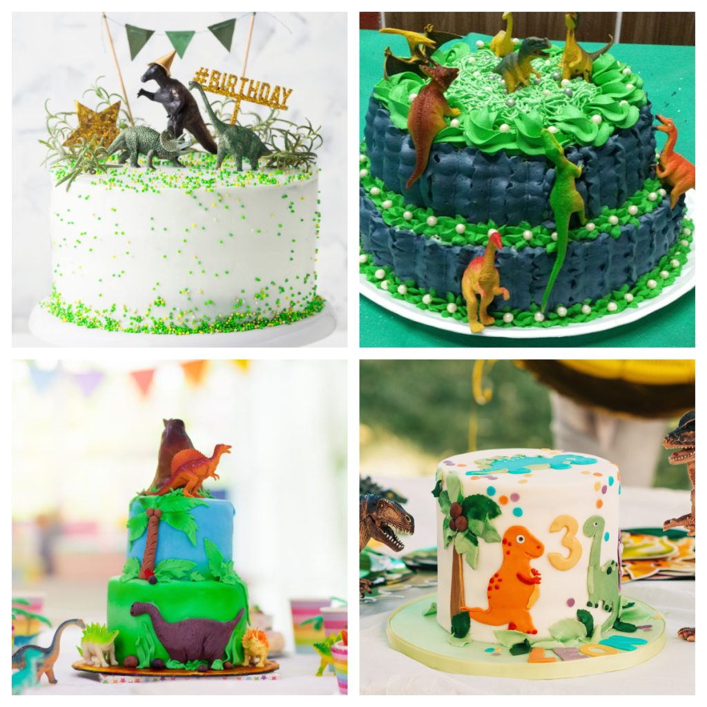 Four different dinosaur cakes.