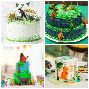 Four different dinosaur cakes.