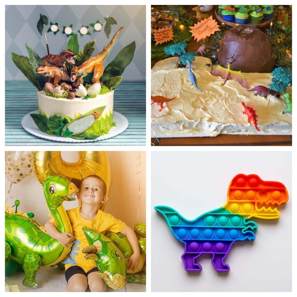 Dinosaur cake, boy with dinosaur balloons, and dino pop-it toy.