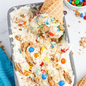 Pan with ice cream and ice cream cone.