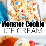 Vanilla ice cream with M&M's and cookies in a loaf pan.