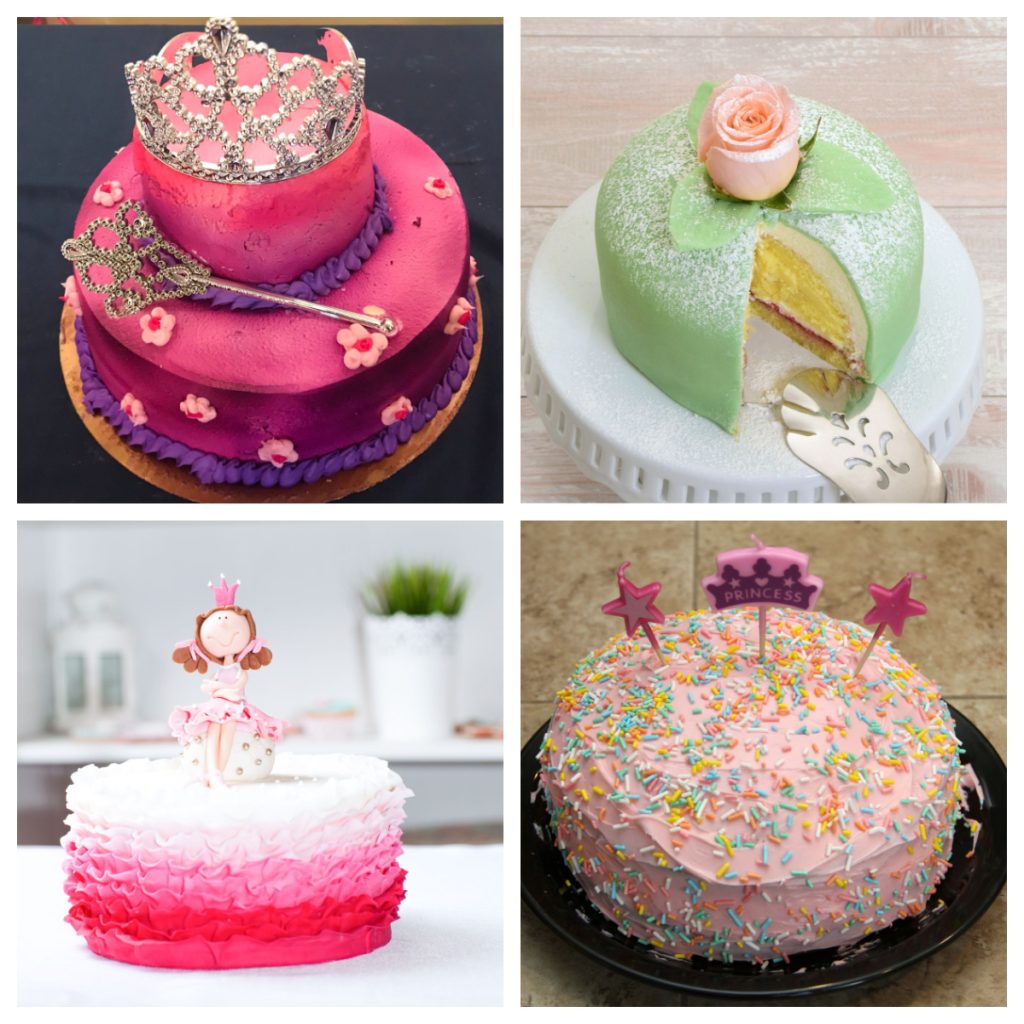 Pink princess cake, green cake, sprinkle cake. 