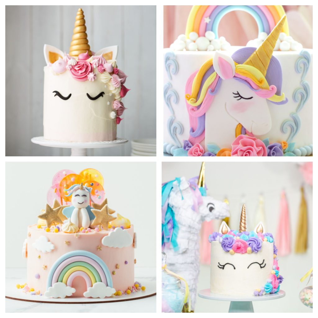 Four different unicorn cakes. 