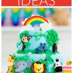 Colorful cake decorated with jungle animals.