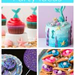 Mermaid cupcakes, mermaid cake, and cookies with pink and blue frosting.