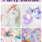 Unicorn pinata, pink hot chocolate, balloons, and purple candy.