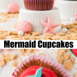 Chocolate cupcakes with red frosting and blue mermaid tail topper.