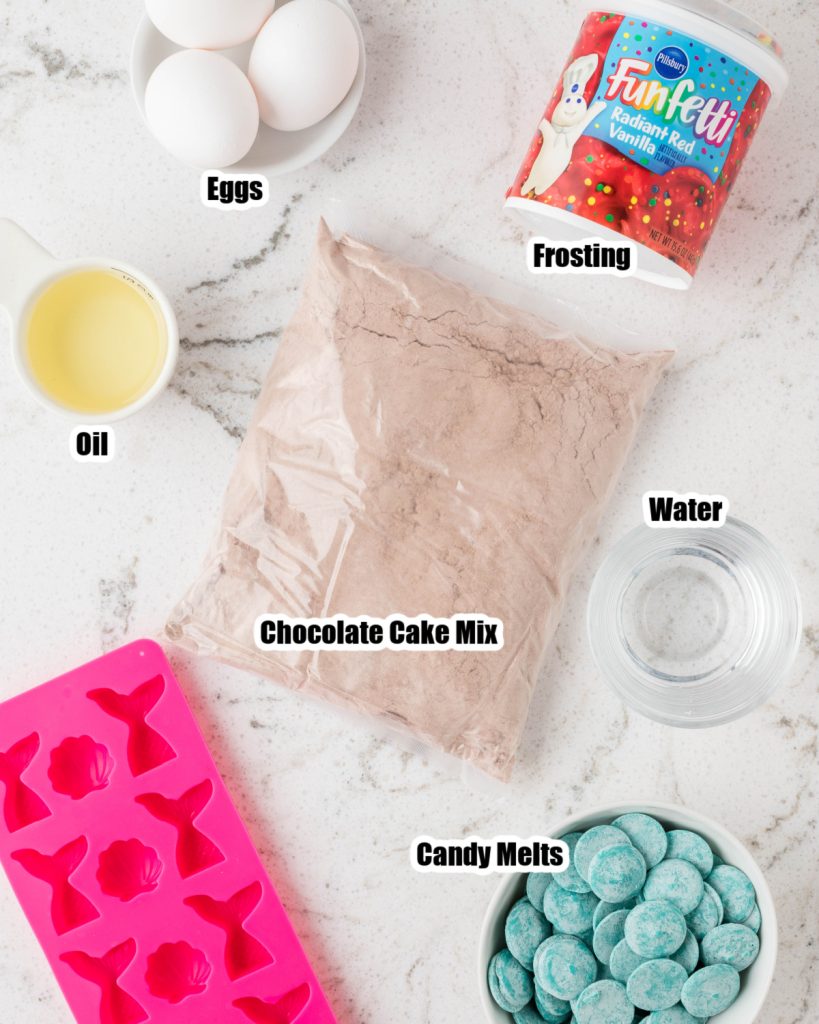 Chocolate cake mix, eggs, oil, red frosting, and blue candy melts. 