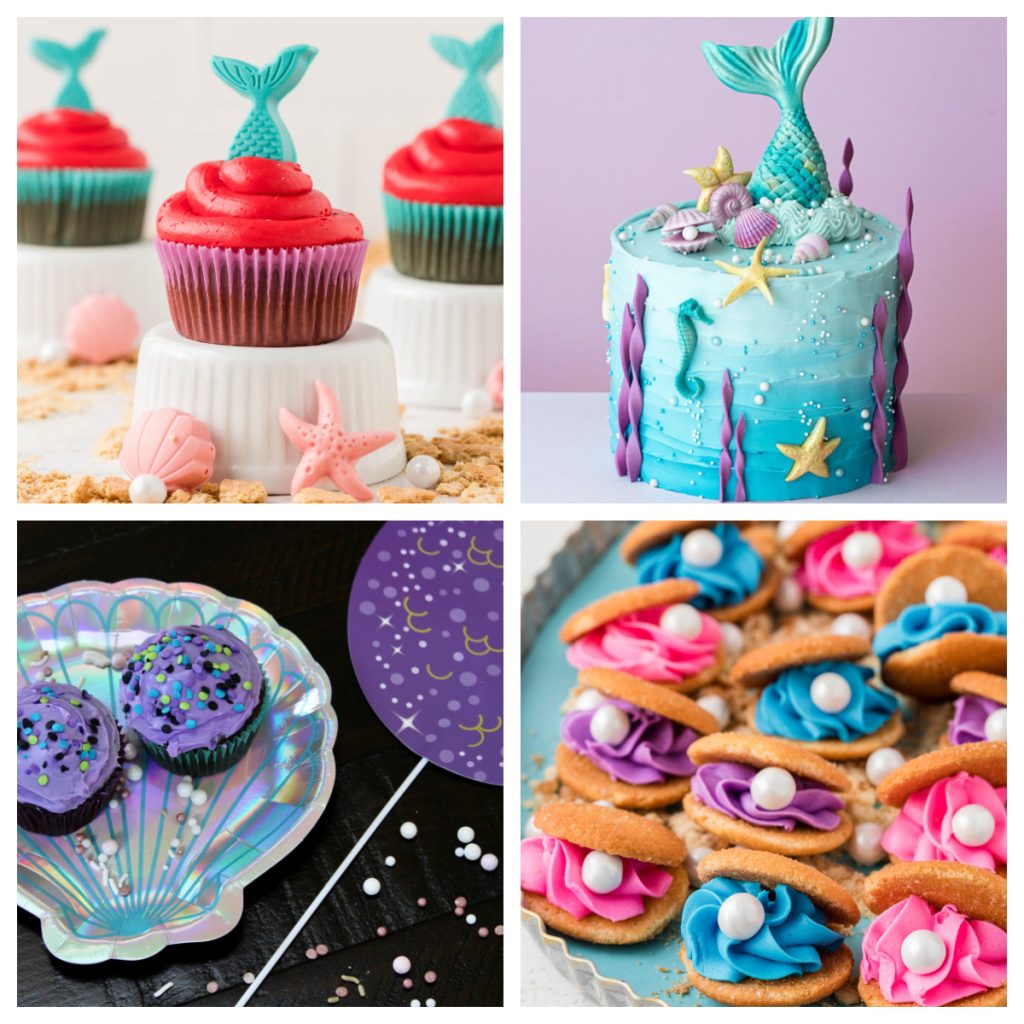 Red cupcakes, mermaid cake, and cookies with pink and blue frosting. 