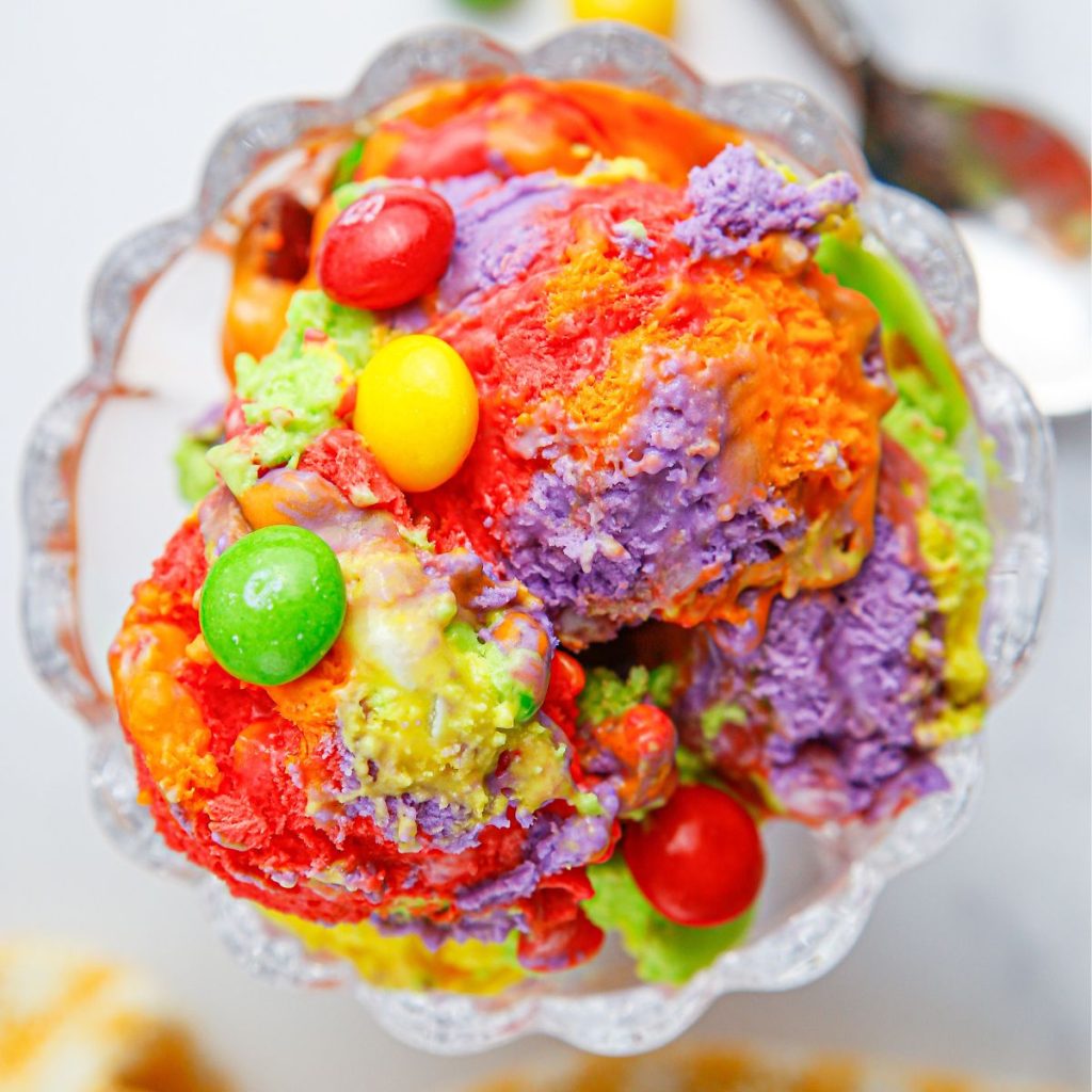 Bowl of colorful ice cream. 