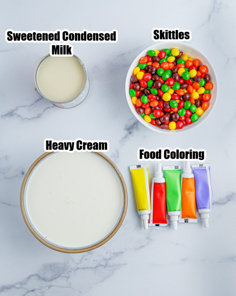 Can of sweetened condensed milk, Skittles, food coloring, and cream.