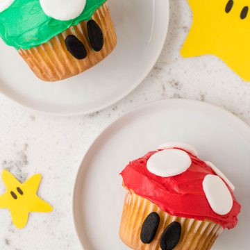 Red and green mushroom cupcakes.