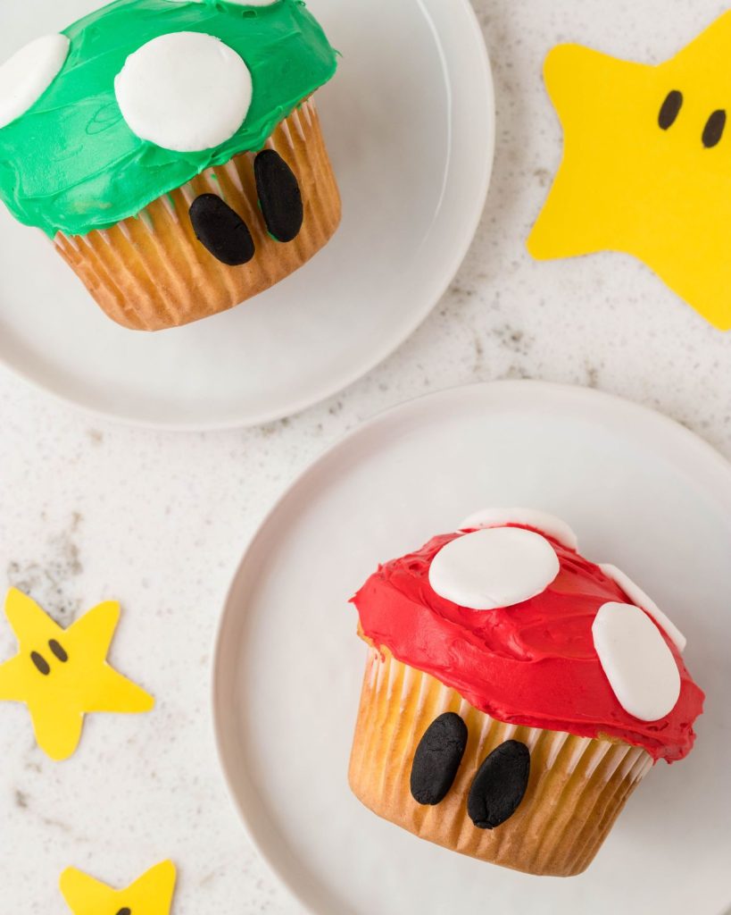 Red and green mushroom cupcakes.