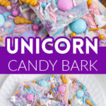Colorful candy bark with unicorn sprinkles.