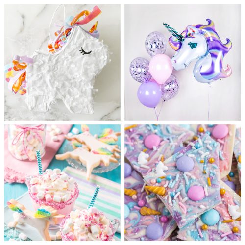 Unicorn pinata, balloons, pink drink, and purple candy.