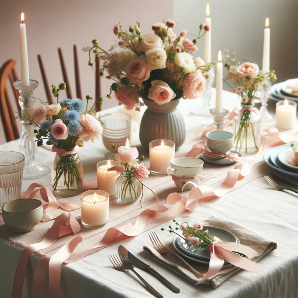 Table with fresh flowers, candles, ribbon, and plates. 
