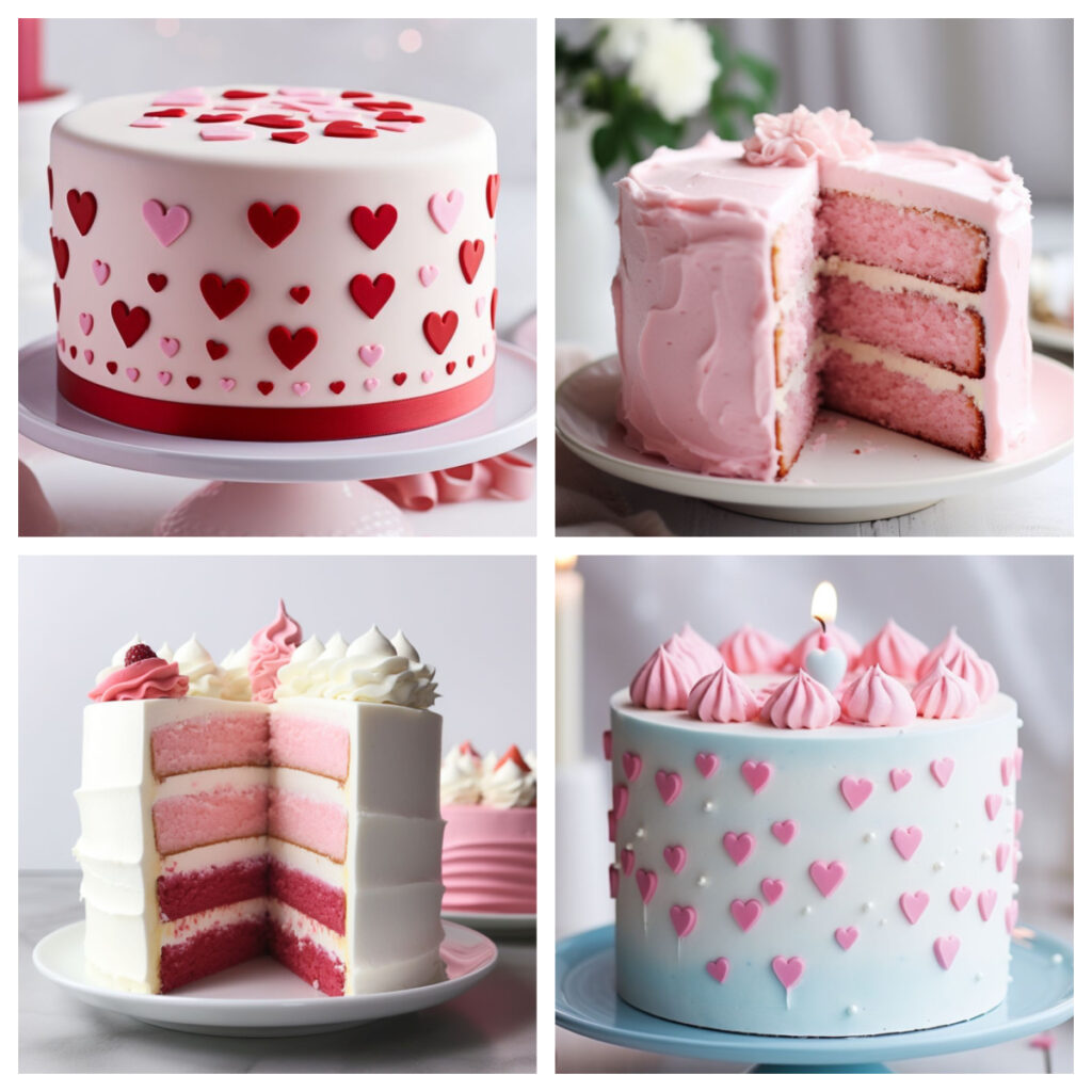 White cake with hearts, pink velvet cake, layered cake, and blue cake with pink hearts.
