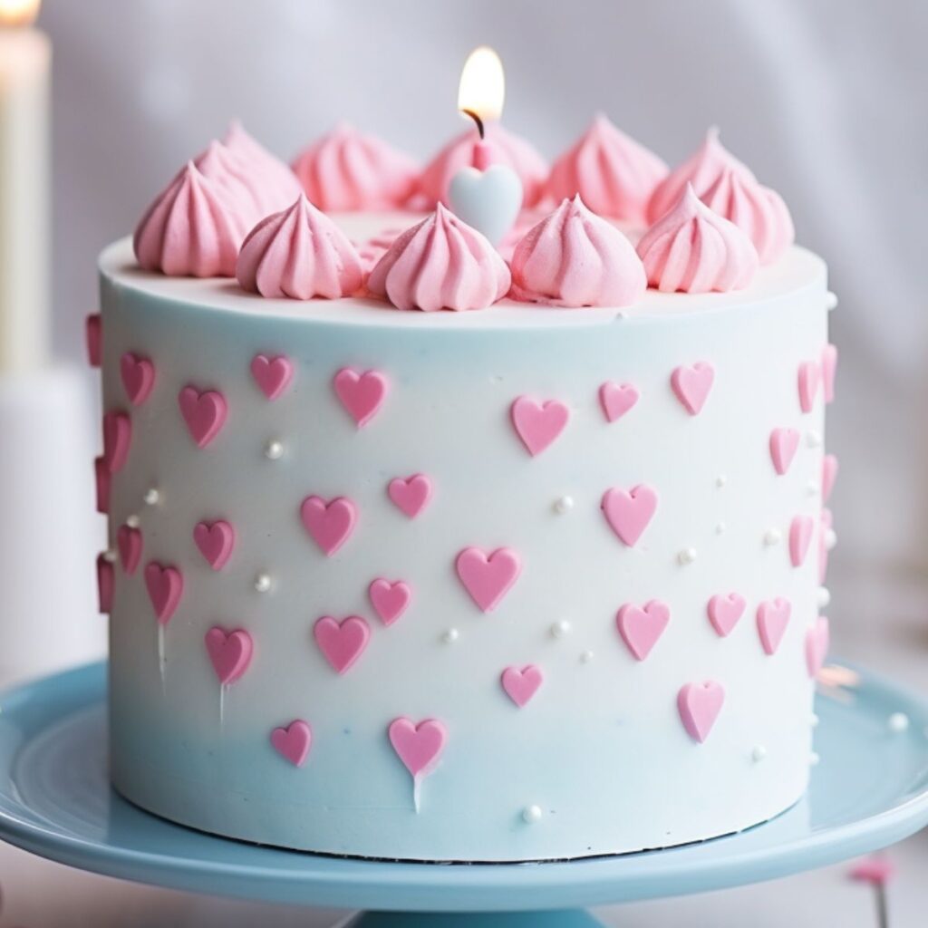 Blue cake with pink hearts and topped with pink icing.
