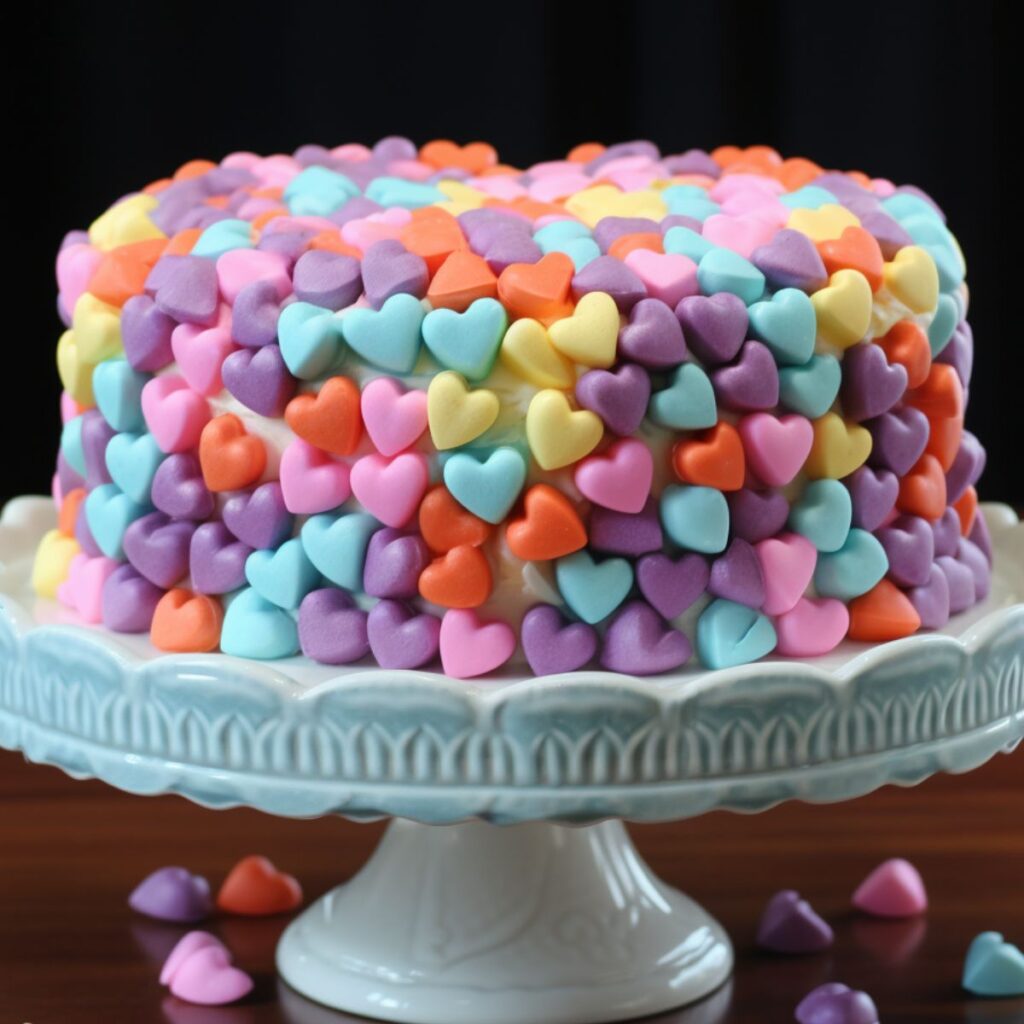 Small cake covered in colorful candy hearts.