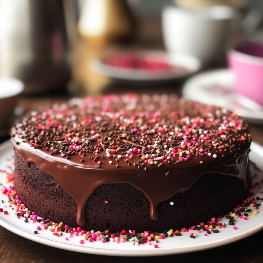 Chocolate cake with sprinkles. 