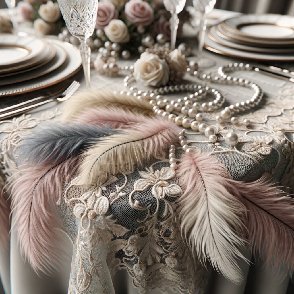 Table with lace tablecloth, feathers, and pearls. 