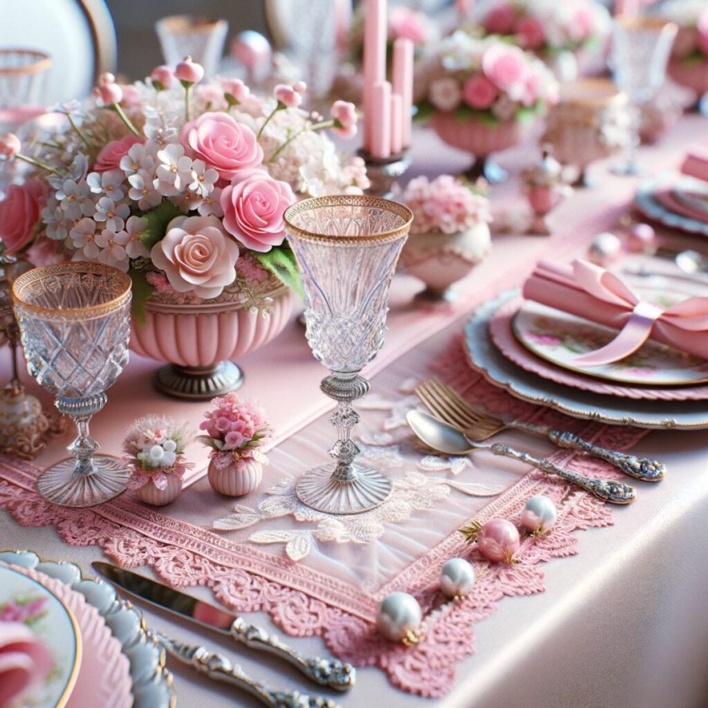 Pink tablescape with crystal glasses and china. 