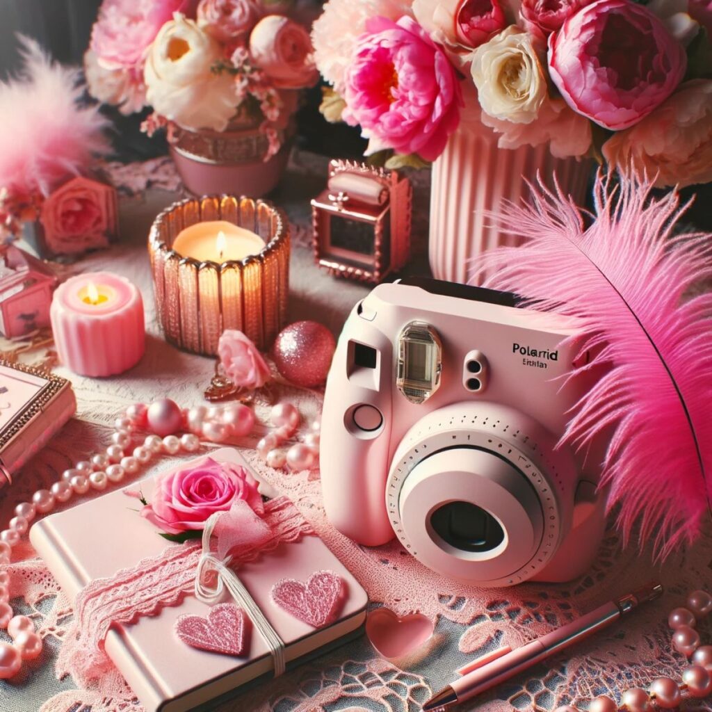 Pink polaroid camera on a table with a candle and pink feather. 