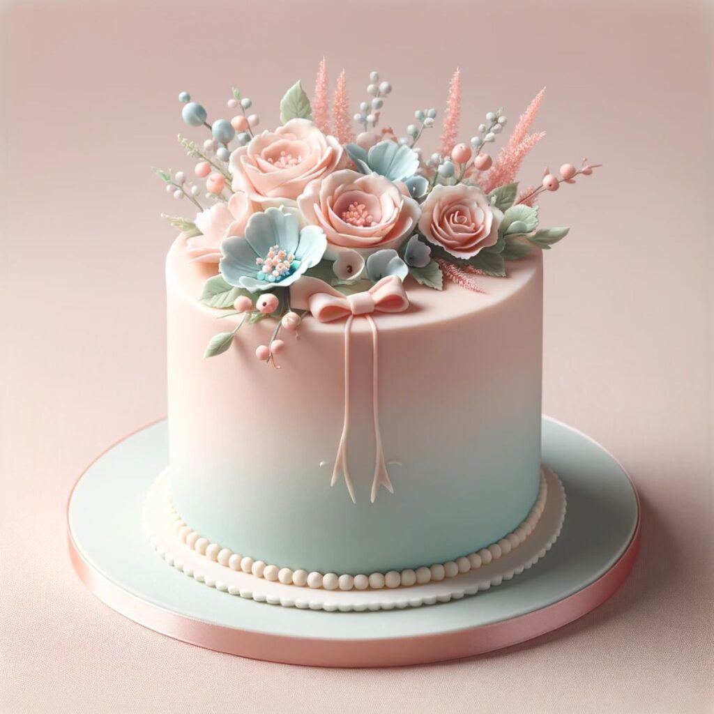 Pink and blue cake topped with flowers. 